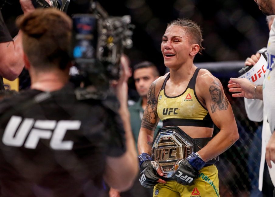 Jessica Andrade of Brazil celebrates after her knockout victory over Rose Namajunas
