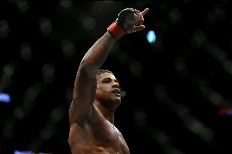 Gilbert Burns of Brazil reacts after defeating Mike Davis during their lightweight bout at UFC Fight Night