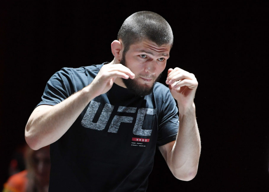 UFC lightweight champion Khabib Nurmagomedov attends an open workout for UFC 229