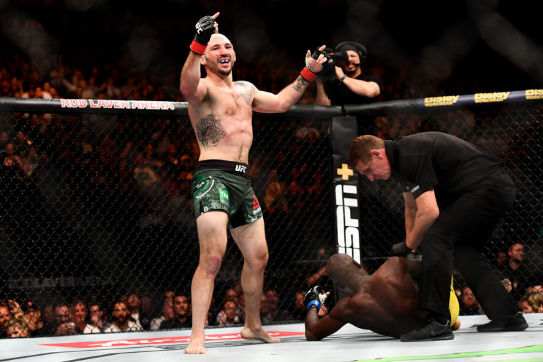 Lando Vannata of the United States celebrates winning his Lightweight bout against Marcos Mariano