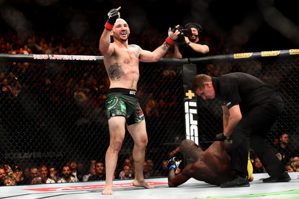 Lando Vannata of the United States celebrates winning his Lightweight bout against Marcos Mariano