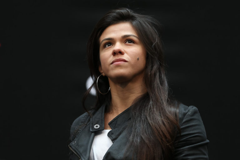 UFC Women's strawweight fighter Claudia Gadelha of Brazil interacts with fans during a Q&A session before the UFC 198 weigh-in