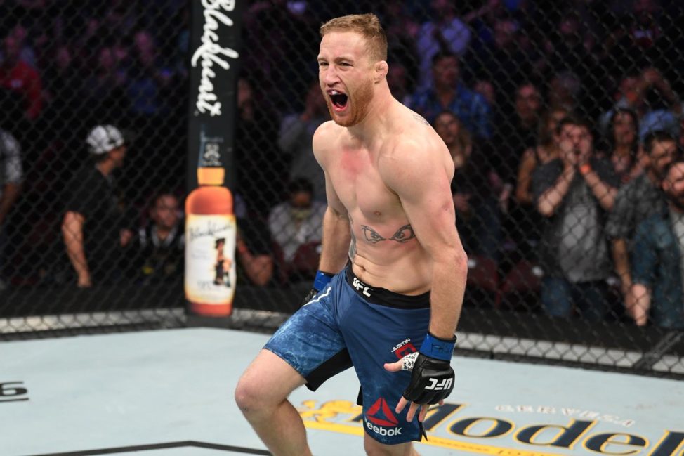 Justin Gaethje celebrates after his UFC Philadelphia knockout victory.