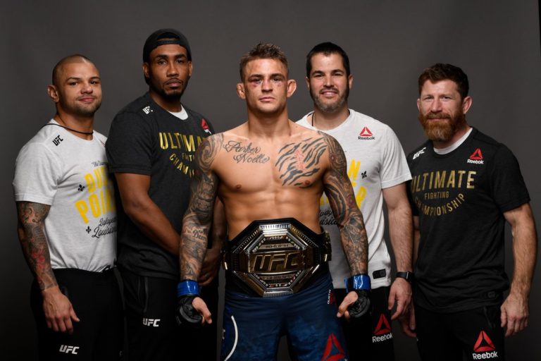 Dustin Poirier and his team after winning the UFC Interim Lightweight Championship