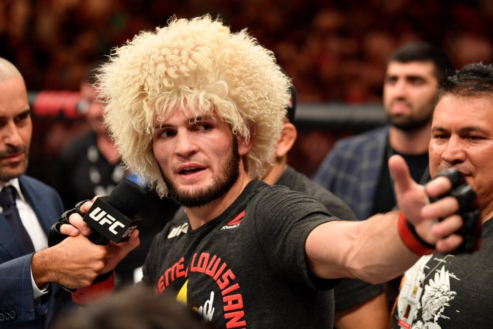 Khabib Nurmagomedov speaks after defeating Dustin Poirier at UFC 242