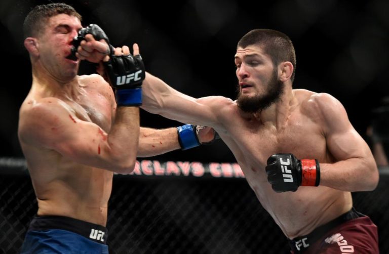 Khabib Nurmagomedov lands a right hand against Al Iaquinta