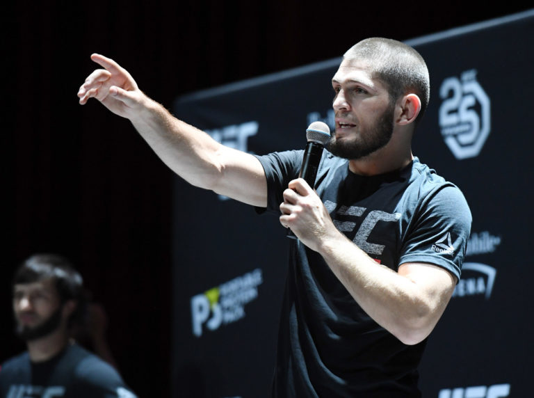 UFC lightweight champion Khabib Nurmagomedov speaks during an open workout for UFC 229