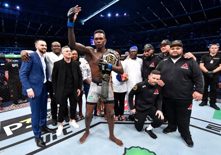 Israel Adesanya celebrates following his UFC 243 victory in Melbourne, Australia