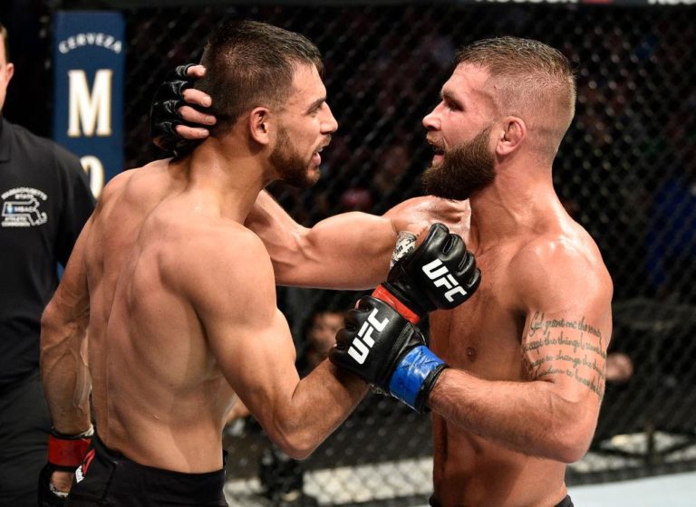 Jeremy Stephens and Yair Rodriguez embrace after their UFC Boston fight