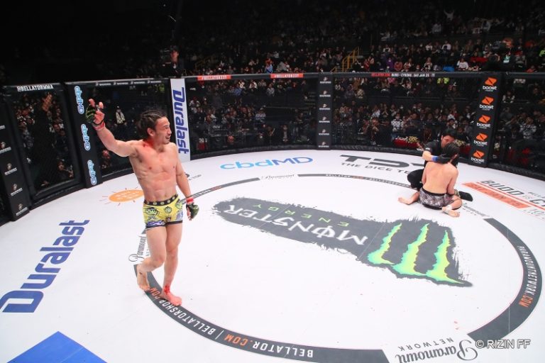 Yusuke Yachi celebrates following his soccer-kick knockout win over Hiroto Uesako.