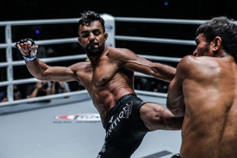 Gary Mangat attempts a kick in his ONE Championship bout