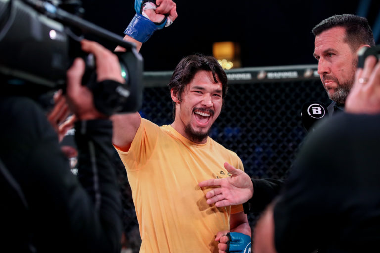 Goiti Yamauchi reacts after winning a Bellator fight