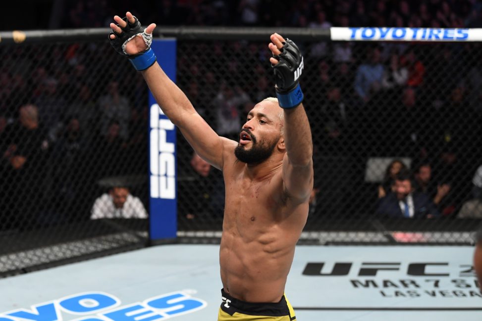 Deiveson Figueiredo celebrates following his TKO victory over Joseph Benavidez at UFC Norfolk