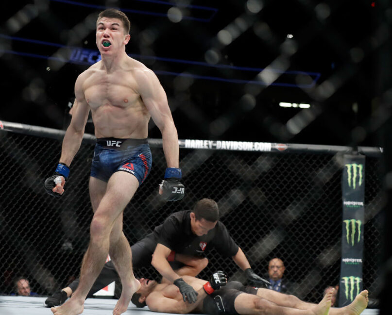 Alexander Hernandez reacts after defeating Beneil Dariush by TKO in a lightweight bout durung UFC 222 (Photo by Isaac Brekken)