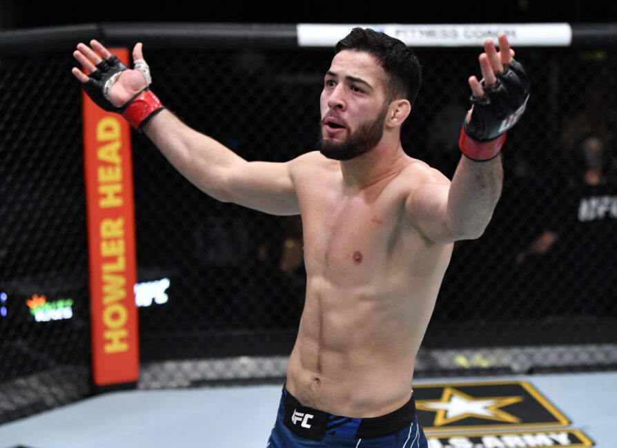 LAS VEGAS, NEVADA - JULY 24: Nassourdine Imavov of Russia reacts after his victory over Ian Heinisch in their middleweight fight during the UFC Fight Night event at UFC APEX on July 24, 2021 in Las Vegas, Nevada. (Photo by Jeff Bottari/Zuffa LLC)