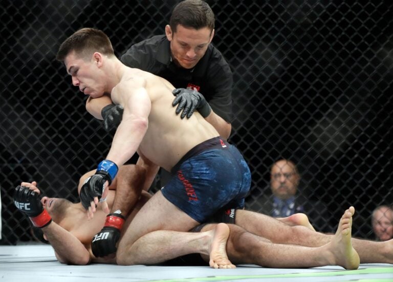 Referee Jason Herzog stops the UFC fight