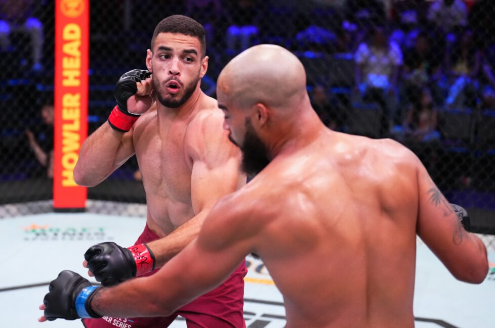 Gabriel Bonfim of Brazil punches Trey Waters in a welterweight fight during Dana White’s Contender series season six, week seven at UFC APEX on September 06, 2022 in Las Vegas, Nevada. (Photo by Chris Unger/Zuffa LLC)