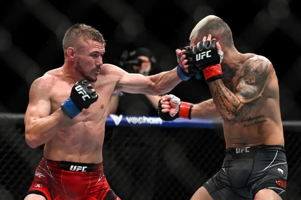 Nathaniel Wood lands a left hook in his UFC fight (Zuffa LLC)