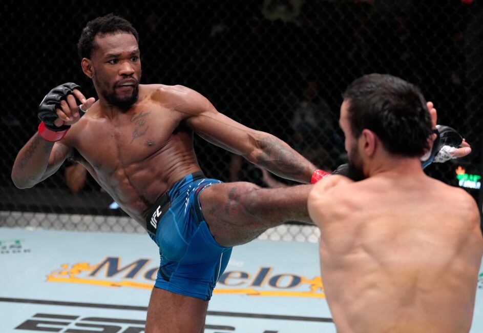Jamall Emmers fighting Khusein Ashkabov in the UFC (Zuffa LLC)