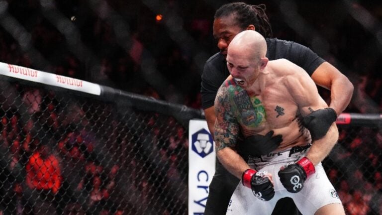 Josh Emmett celebrates his stunning knockout victory over Bryce Mitchell at UFC 296