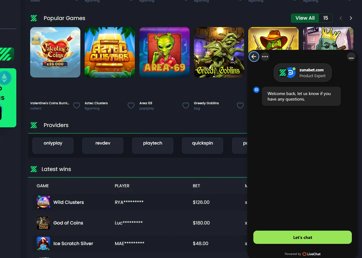 Live Chat at Zunabet