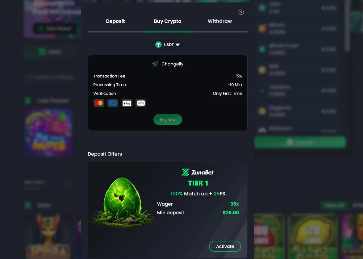 Payments Methods at Zunabet